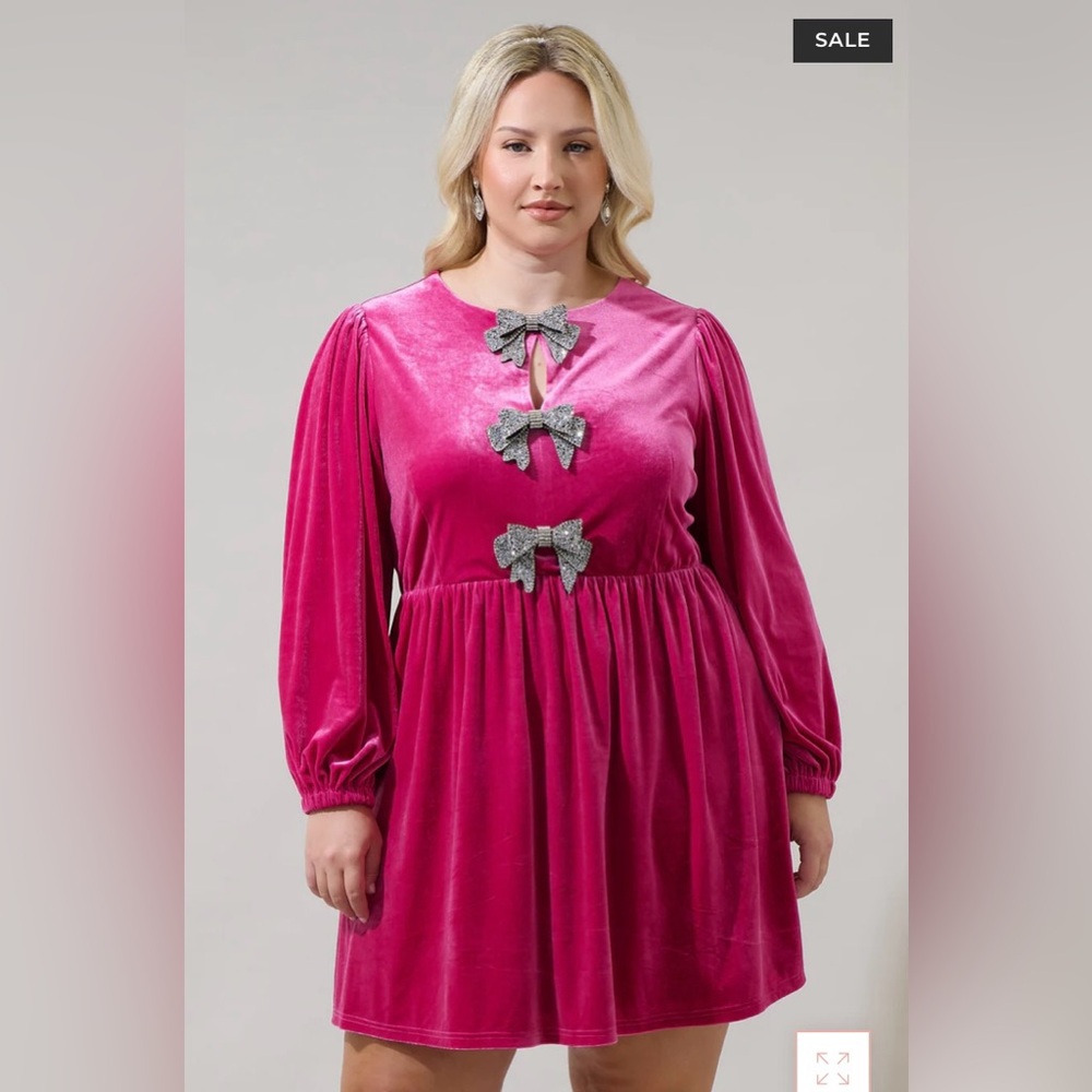 NWT Sugarlips Glow‎ Bow Velvet Long Sleeve Fuchsia Dress Size 2X Holiday Festive